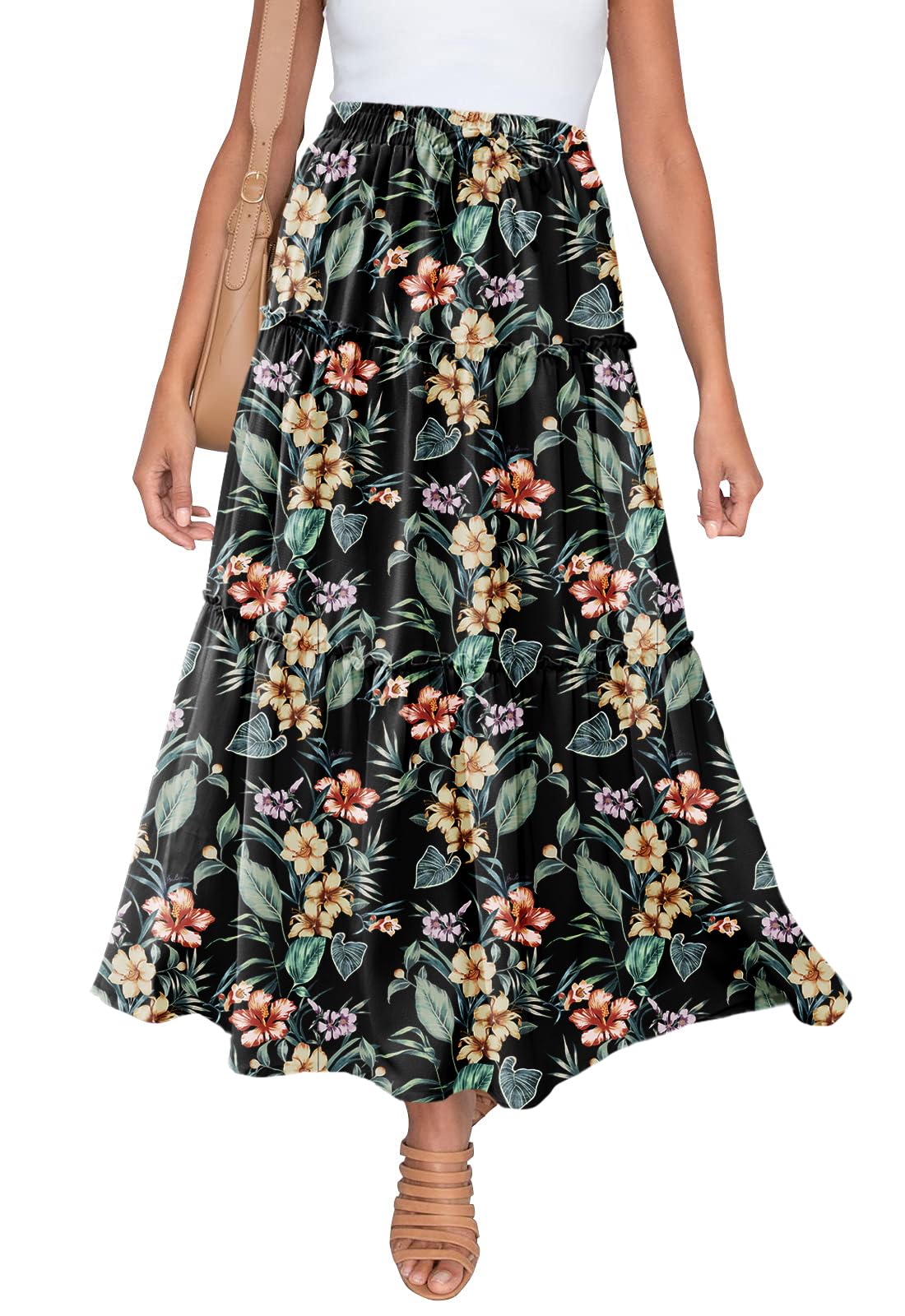 HERBATOMIA Women's Tiered Maxi Skirt Floral Print Flowy High